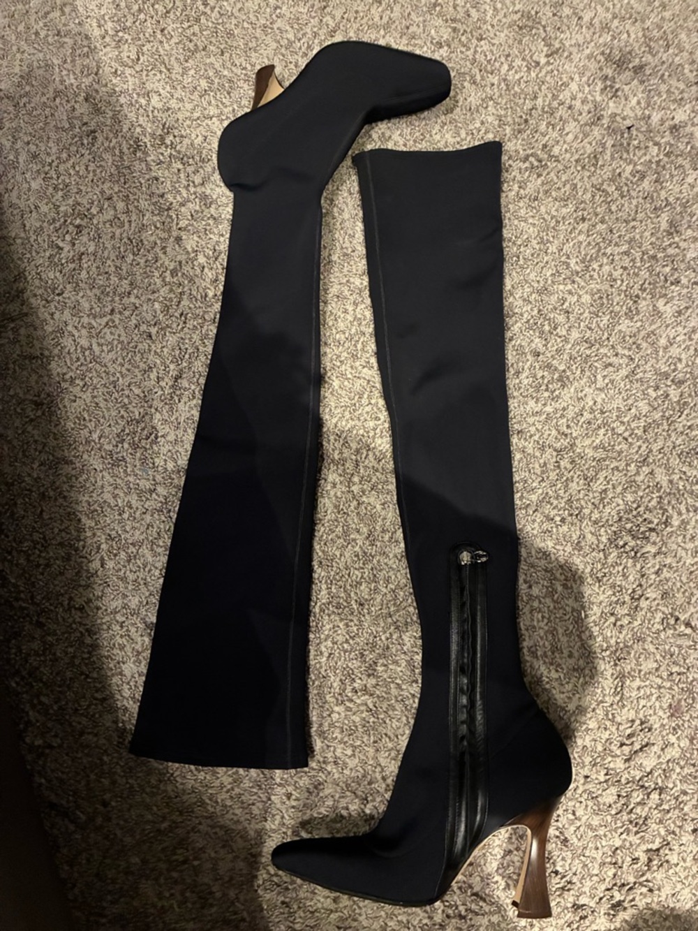Brother Vellies black thigh high boots sculpted heel, stretch over the knee